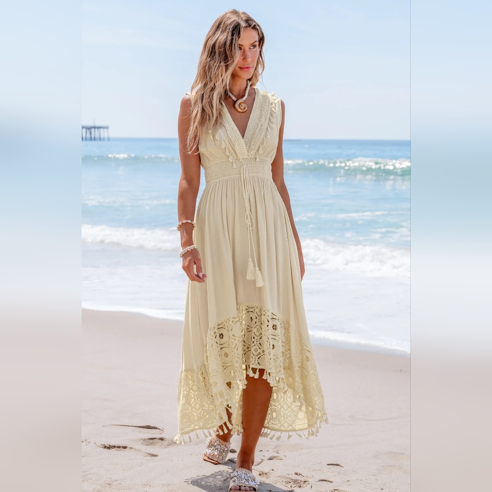Cream High Low Halter Sundress Resort Wear